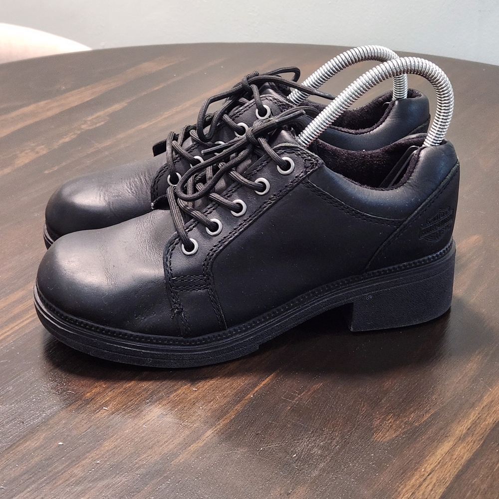 Harley Davidson Chunky Platform Motorcycle Shoes Lace Up Black Leather Womens 8 - Picture 4 of 11
